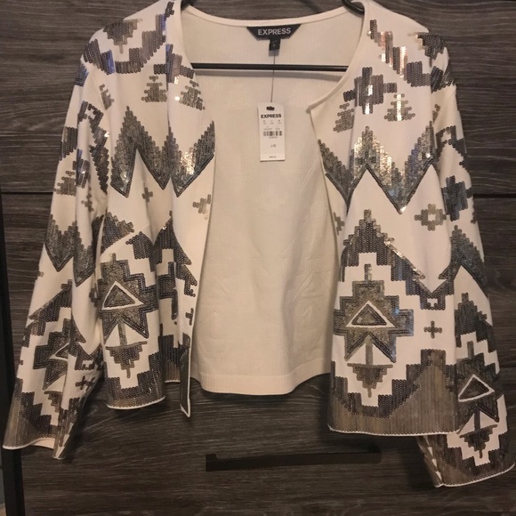 Express Tops - Express Sequin Cardigan Glittery with Stretch L